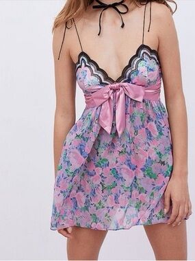 For Love and Lemons Odette Slip Dress Babydoll Mini Floral Bow Womens Size Large